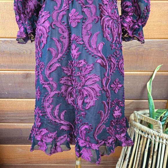 Lait Collection Women Floral Burn-Out Velvet Mini Dress M Puff Sleeve Whimsigoth - Picture 5 of 12